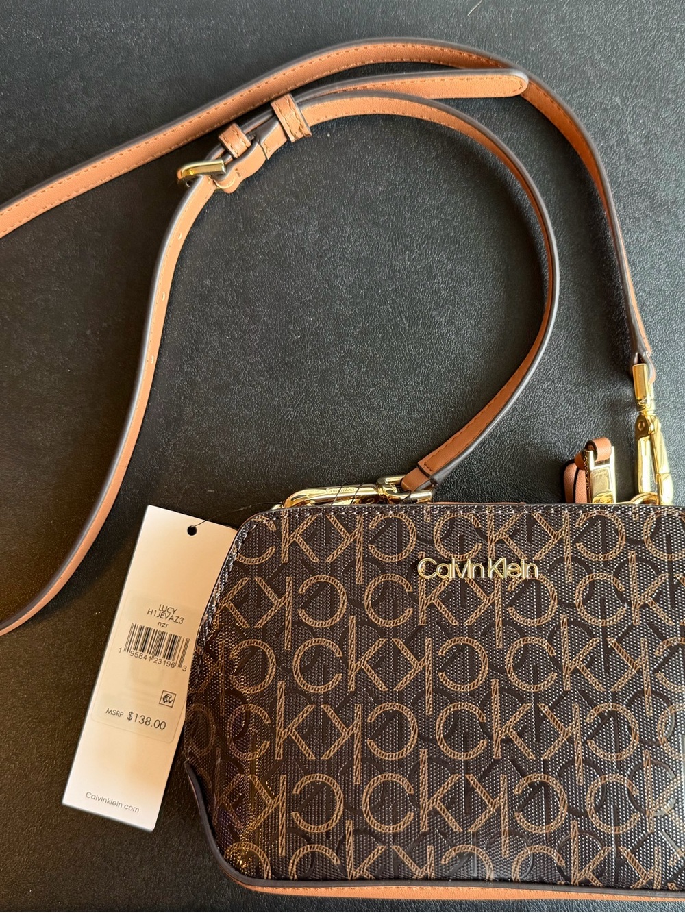 Calvin Klein Brown Monogram Crossbody with Tan Strap